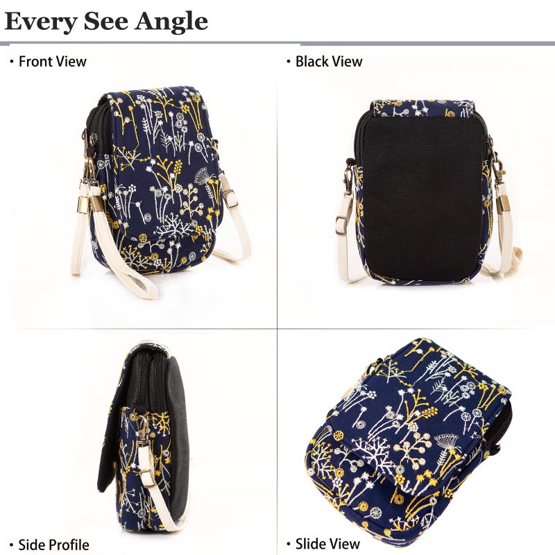 Goodhan Embroidery Flowers Canvas Crossbody Bag, Women Messenger Bag, Cellphone Pouch Purse (Blue) - Image 3